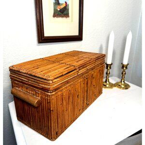 Bamboo Wicker Woven Vintage Lidded Storage Box Thailand 15 x 7 x 6.5 Inches
